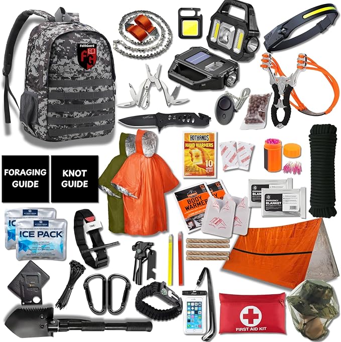 Complete Survival Kit and First Aid Kit | Tactical Backpack with Survival Gear | Bug Out Bag | Fire Starter, Tent, Emergency Camping Essentials | Outdoor Gift |