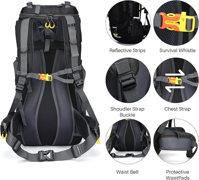 ShowyLive 60L Hiking Backpack for Men/Women - Lightweight Waterproof Travel Backpack with Rain Cover, Multi-Compartments, Adjustable Straps - Large Camping Bag for Outdoor Adventures (Black)