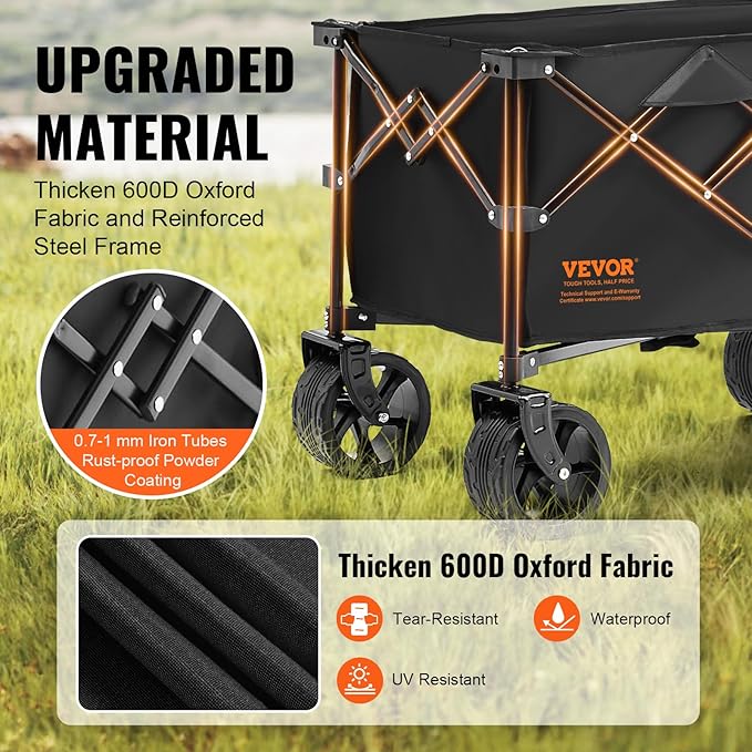 VEVOR 350LBS Collapsible Wagon Cart Heavy Duty Foldable 113L, Folding Beach Utility Wagon with Big Wheels, Portable Grocery Cart for Groceries Camping Sports Garden