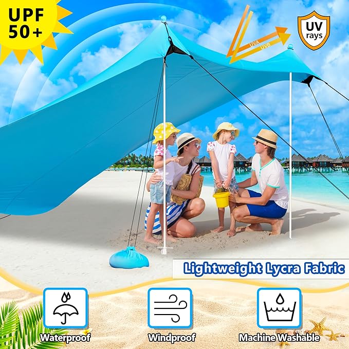 Beach Tent UPF50+ With 8 Sandbags, Camping Essentials for 6-12 Persons, Shade Canopy With Stability Poles and Big Ground Pegs, Pop Up Canopy for Picnics, 12X12FT Blue