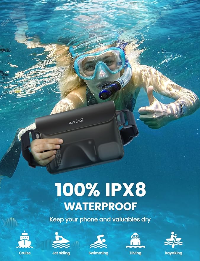 Lamicall Waterproof Fanny Pack, Cruise Essentials 2025 - [Elastic Waist Strap] Dry Bag Pouch, Travel, Boat, Paddle, Kayak, Beach, Swimming Accessories, 8.7” for iPhone 16 15 14 13 Pro Max, Galaxy