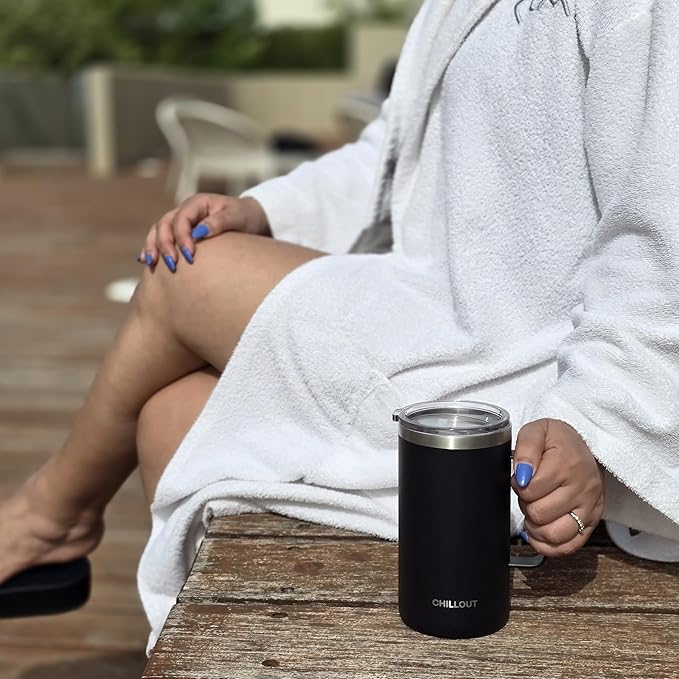 CHILLOUT LIFE Stainless Steel Vacuum Insulated Coffee Mug 16 oz (Set of 2) with Handle and Lid, Large Thermal Camping Coffee Mugs with Sliding Lid for Men & Women, Keeps Your Beverages Hot & Cold
