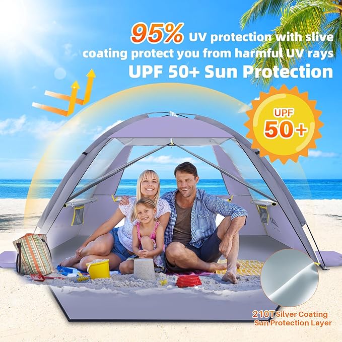 Happy Travel Beach Tent, UPF 50+ UV Protection Sun Shade Shelter for 3/4/5/6/7/8 Person, Portable Beach Canopy for Family & Baby, Lightweight & Easy Setup Beach Cabana with 3 Ventilation Mesh Windows