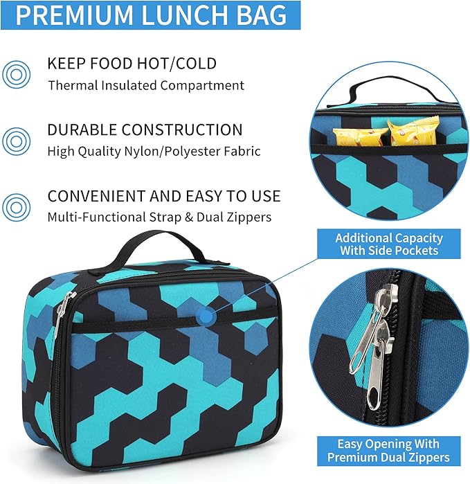 rickyh style Lunch Box with Padded Liner, Spacious Insulated Lunch Bag Durable Thermal Lunch Cooler Pack with Strap for Men Women Boys Girls Adults School Sports Beach Picnic Work,2 Pocket (LBLJLAN)