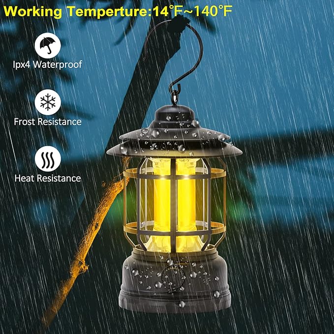 LED Camping Lanterns Rechargeable Portable, Vintage Style Tabletop Lantern, Stepless Dimming, Waterproof - Black, 2 Pack for Camping, Hanging Tent Light, and Power Outages