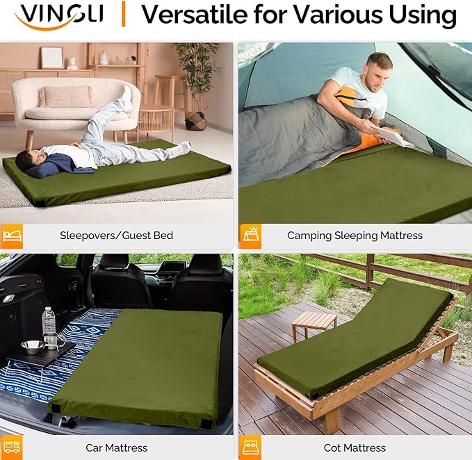VINGLI 3 "Memory Foam Sleeping Pad Camping Mattress, Portable Floor Mattress Sleeping Mat Bed Roll Up for Guests Adult with Pillow & Phone Pocket