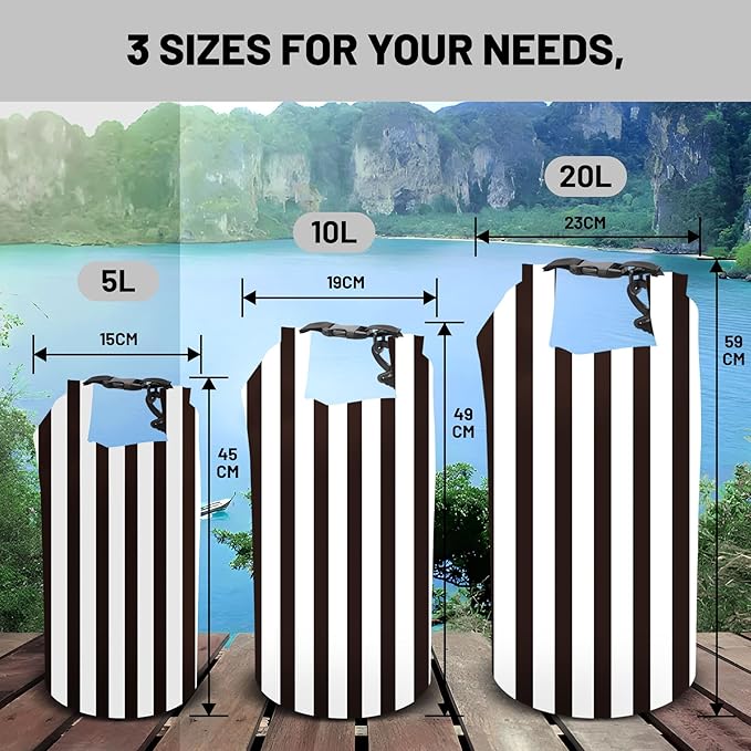 Waterproof Dry Bag,Roll Top Black and White Stripes Small Waterproof Backpack 5L/10L/20L Floating and Lightweight Bags for Kayaking, Boating, Fishing, Swimming and Camping with Waterproof Phone Case