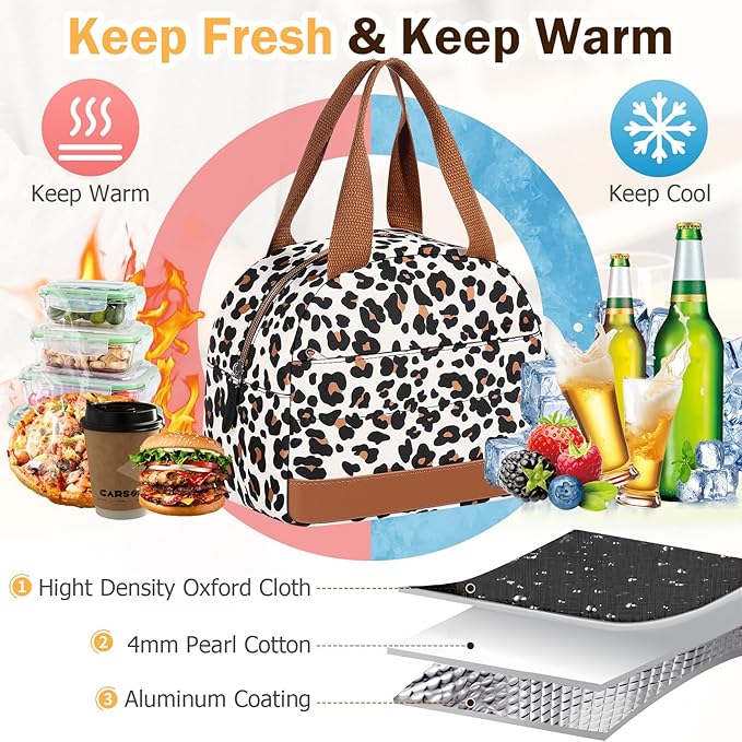 Lunch Box Lunch Bag for Women Men, Leakproof, Insulated Lunch Box Tote with Large Capacity, Lunch Container for Work/Office (Small Leopard Print)