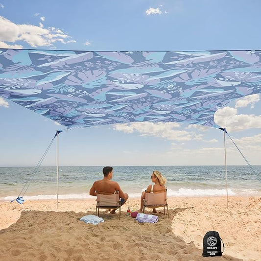 WEKAPO Beach Tent Sun Shelter - Easy Setup Beach Canopy with 4 Sturdy Poles, Large Sandbags and Shovel, 6'7'' Tall, Windproof Sun Shade for Backyard and Camping, UPF 50+ Protectio