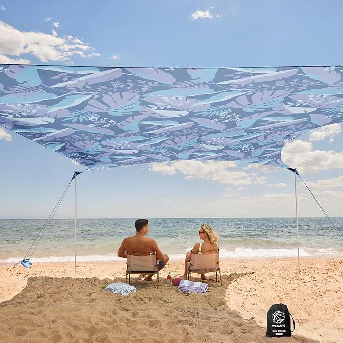 WEKAPO Beach Tent Sun Shelter - Easy Setup Beach Canopy with 4 Sturdy Poles, Large Sandbags and Shovel, 7'8'' Tall, Windproof Sun Shade for Backyard and Camping, UPF 50+ Protection