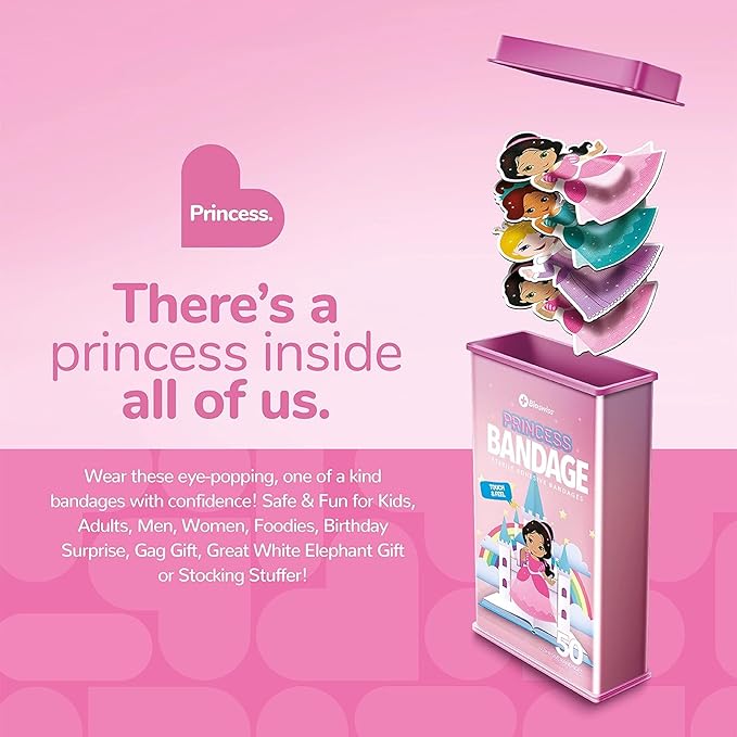 BioSwiss Bandages, Princess Shaped Self Adhesive Bandage, Latex Free Sterile Wound Care, Fun First Aid Kit Supplies for Kids, 50 Count