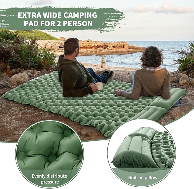 Camping Double Sleeping Pad,Ultralight Self Inflating Sleeping Mat for 2 Person with Pillow Built-in Foot Pump,Portable Camping Air Mat for Backpacking, Hiking, Traveling, Tent(Green)