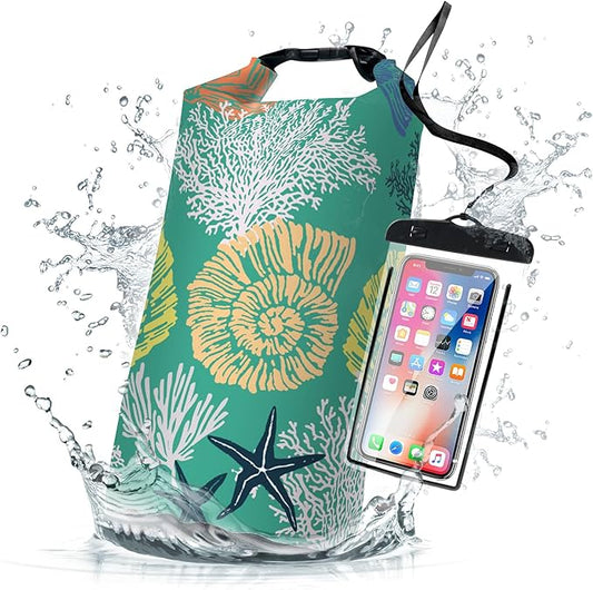 Waterproof Dry Bag,Roll Top Coastal Summer Beach Coral Starfish Waterproof Backpack 5L/10L/20L Floating and Lightweight Bags for Kayaking, Boating, Swimming and Camping with Waterproof Phone Case