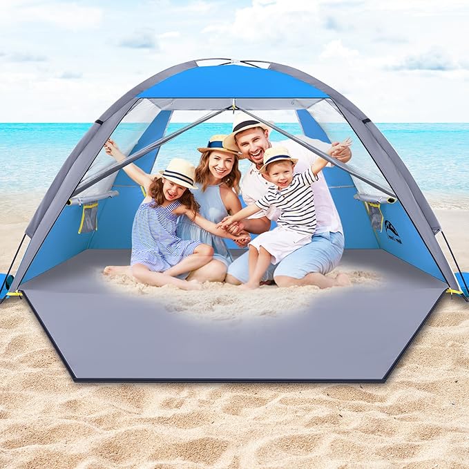 Happy Travel Beach Tent, UPF 50+ UV Protection Sun Shade Shelter for 3/4/5/6/7/8 Person, Portable Beach Canopy for Family & Baby, Lightweight & Easy Setup Beach Cabana with 3 Ventilation Mesh Windows