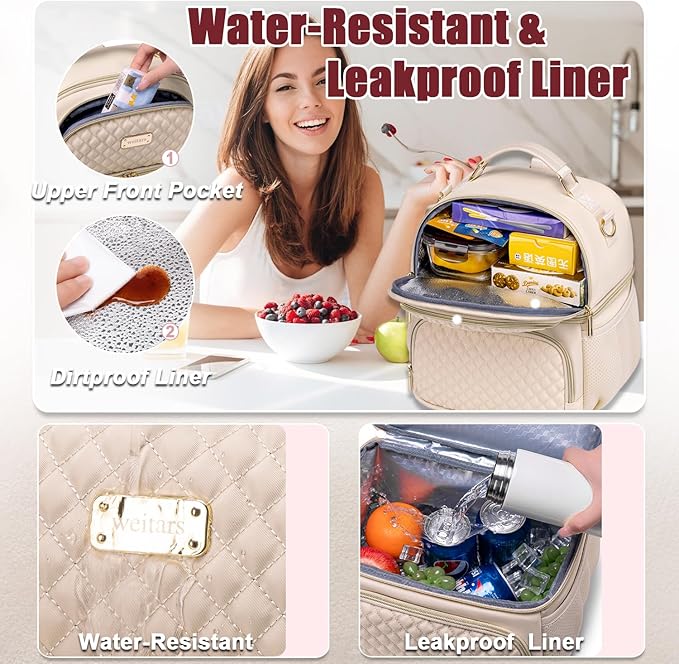 Weitars Lunch Bag for Women,Dual Compartment Lunch Box for Women Lunch Tote for Work,Insulated Leakproof Lunch Cooler Bag with Side Pockets and Adjustable Strap for Hiking,Picnic,Beach