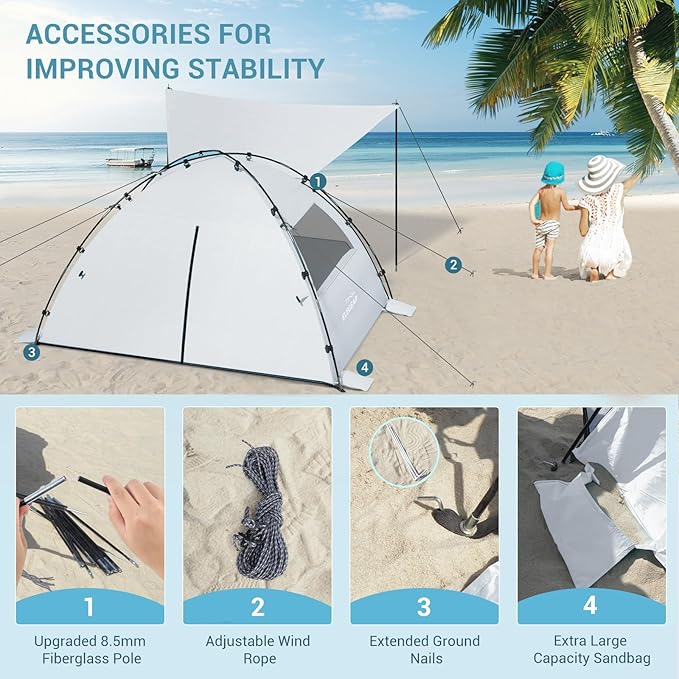 Elegear Beach Tent Sun Shelter with Canopy, 4-5 Person Pop Up Beach Tent, Easy Setup UPF 50+ UV Protection Portable Lightweight Double Silver Coating Cabana Sun Shade Shelter - Silver