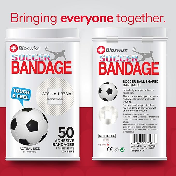 BioSwiss Bandages, Soccer Ball Shaped Self Adhesive Bandage, Latex Free Sterile Wound Care, Fun First Aid Kit Supplies for Kids, 50 Count