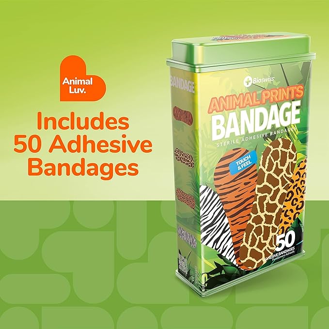 BioSwiss Bandages, Animal Print Shaped Self Adhesive Bandage, Latex Free Sterile Wound Care, 50 Count