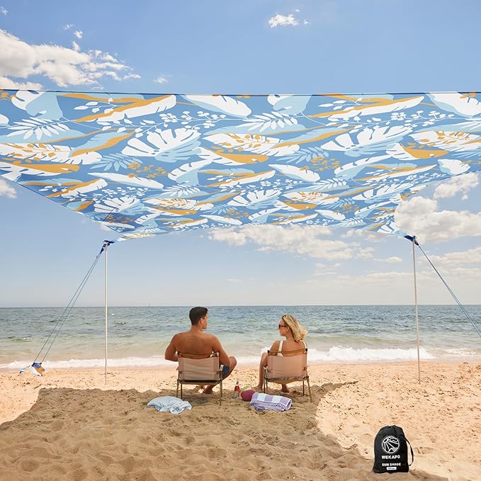 WEKAPO Beach Tent Sun Shelter - Easy Setup Beach Canopy with 4 Sturdy Poles, Large Sandbags and Shovel, 7'1'' Tall, Windproof Sun Shade for Backyard and Camping, UPF 50+ Protection