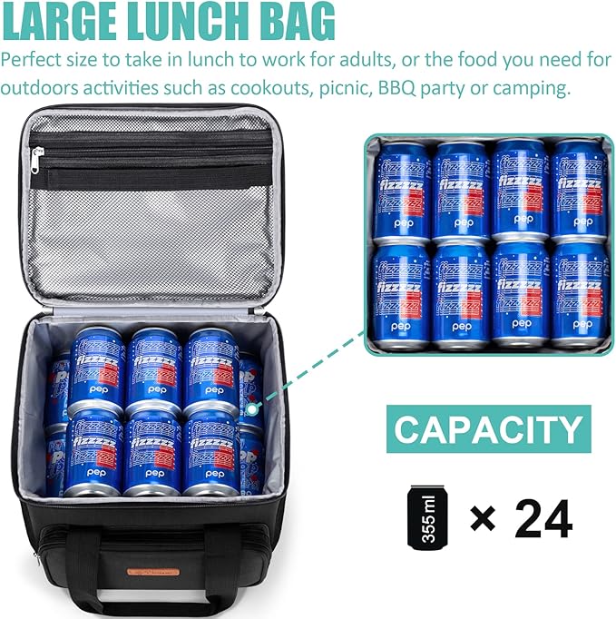 Tiblue Insulated Lunch Bag for Women/Men, Reusable Lunch Box for Office Work School Picnic Beach, Leakproof Freezable Cooler Bag with Adjustable Shoulder Strap for Kids/Adult(Large, Black)