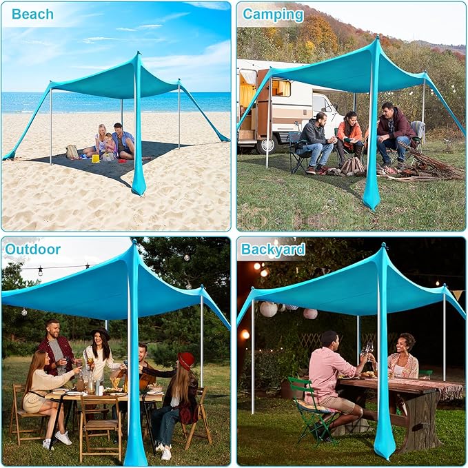 Beach Tent - 10 x 10 FT Beach Canopy, Portable Beach Tent Sun Shelter UPF50 with 4 Sandbags, Stability Poles Ground Pegs and Anti-Wind Ropes, Outdoor Beach Shade Canopy for Camping, Light Blue