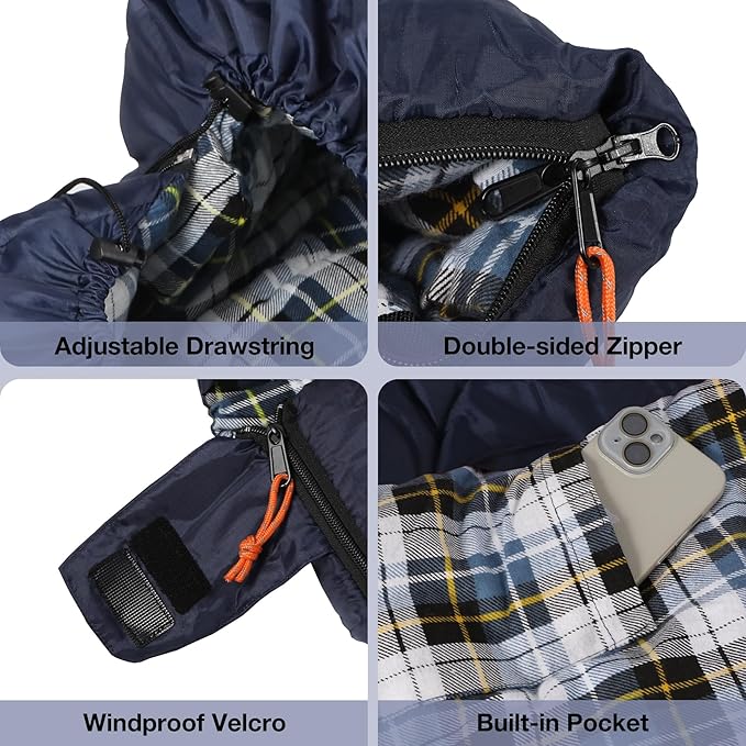 REDCAMP Flannel Sleeping Bag for Adults, Comfortable Cotton Sleeping Bags for Camping with Detachable Hood, Red/Grey/Blue