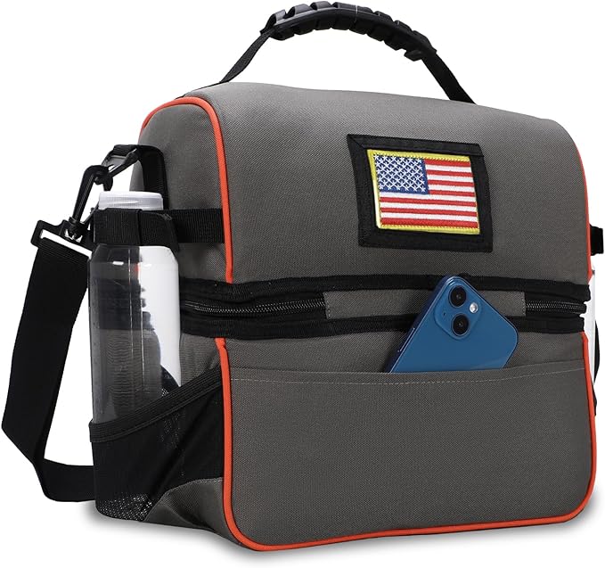 MIER 2 Compartment Lunch Bag Tote with Shoulder Strap for Men and Women Insulated Leakproof Cooler Bag, Grey/Orange