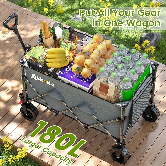 Collapsible Wagon Cart with Wider Wheels, 330lbs Heavy Duty Foldable Beach Wagon with Auto-Rebound Handle, 180L Utility Grocery Shopping Cart for Garden, Shopping, Camping, Sports, Gray
