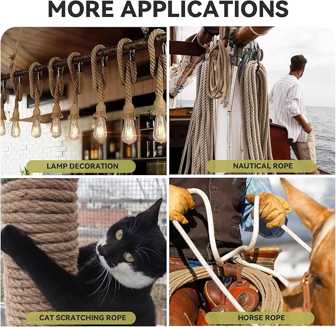 Jute Rope 1/2 Inch 50 Feet, Heavy Duty Rope, Twisted Natural Hemp for Tug of War, Swing, Crafts, Gardening, Home Decor, Railings, Hammock Use