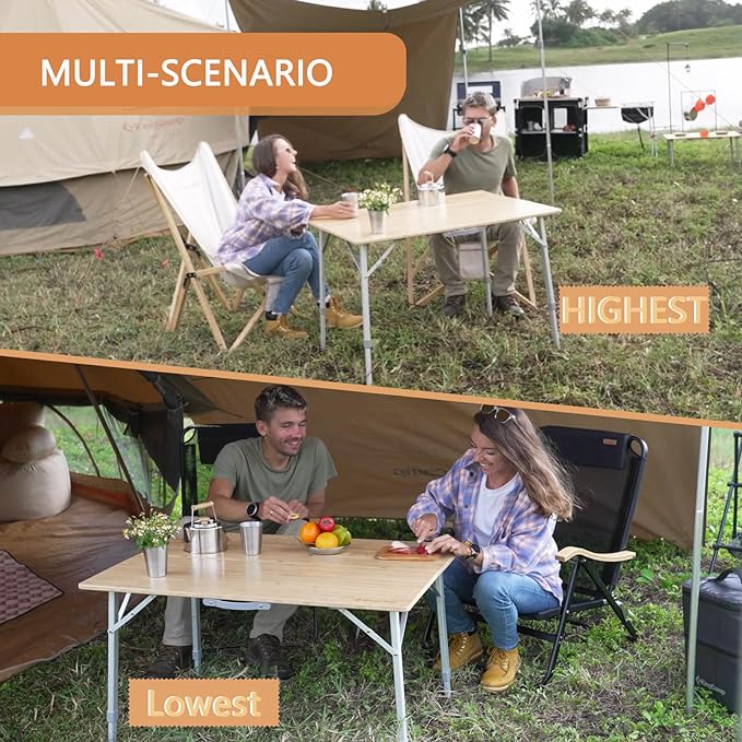 KingCamp Lightweight Stable Folding Camping Table Bamboo Outdoor Folding Tables Adjustable Height Portable Picnic
