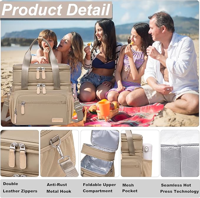 Weitars Insulated Lunch Box for Women Men-Dual Compartment Waterproof Reusable Large Lunch Bag Wide-Open Tote Cooler Bag for Working Picnic Hiking (15L) (Kahki)