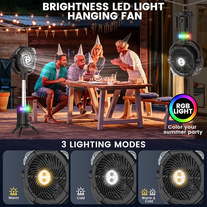 Camping Fan Rechargeable 330ml Portable Misting Fan 20000mah Battery Powered With Led Light Height Adjustable Remote Hook Oscillating Floor Outdoor Fan For Camping Patios, 2 Spray Mister, Black