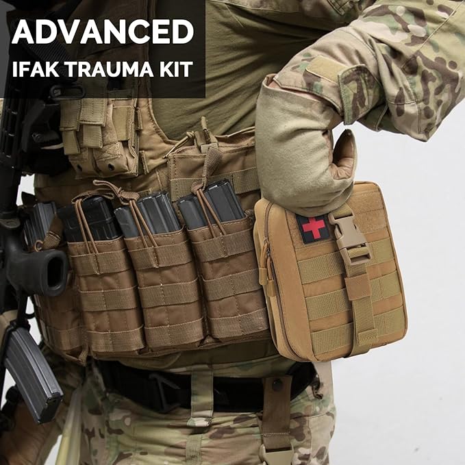 IFAK Trauma First Aid Kit Molle Pouches Emergency Survival Kit for Tactical Military Car Travel Hiking Camping with Vented Chest Seal, Israeli Bandage, Splint, Thermal Blanket, Gloves