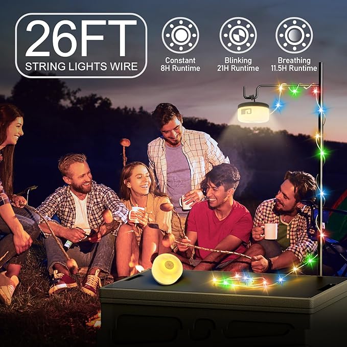 Camping String Lights Outdoor Multi-Color,1500mAh USB Portable Rechargable Camping Lights String 26.2FT with 5 Lighting Modes,Waterproof Camping Lantern String for Party&Halloween(Green)