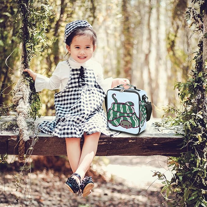 cfpolar Kids Lunch Bag, Green Snake Wear Scarf Reusable Insulated Lunch Box for Kids, Thermal Cooler Lunch Tote Leakproof Lunch Box with Shoulder Strap for School Daycare