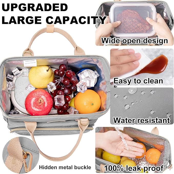 AIJIEKE Lunch Bag for Women, Large Lunch Box for Work Insulated Lunch Bag, Adult Leakproof Lunch Tote Cooler Bag with Side Pockets & Adjustable Strap, Lunch Purse for Picnic Beach Hiking, Grey