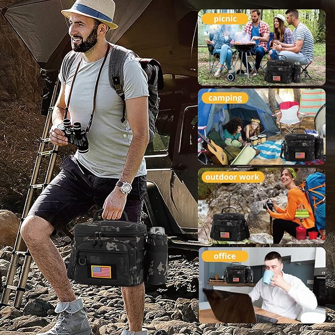 Tactical Reusable Lunch Bag for Men/Women - Insulated Lunch Box Leakproof Lunch Pail Freezable with Adjustable Shoulder Strap,Lunch Cooler Bag for Work Office Picnic Beach，Black Camo