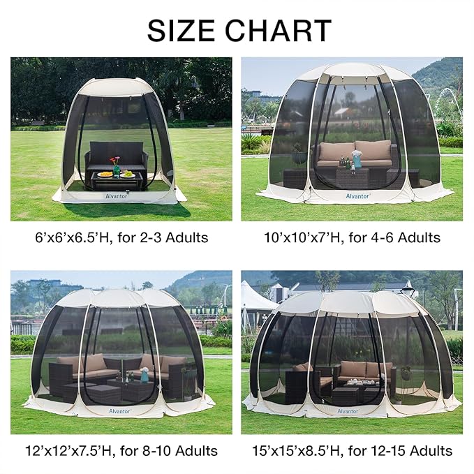 Alvantor Screen House Gazebo, 6-10-15 Person Pop Up Igloo Screened Canopy Tent with Mosquito Netting Sides, Instant UV Resistant Sun Shelter for Garden, Patio, Backyard