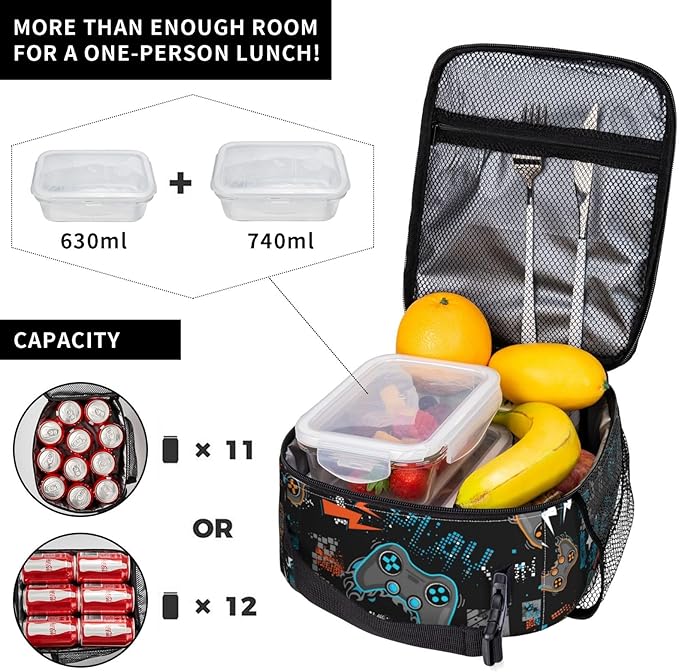 Cool Video Game Joystick Funny Portable Black Lunch Bag Insulated Lunch Box Reusable Totes For Women Men Work Picnic Camping Travel