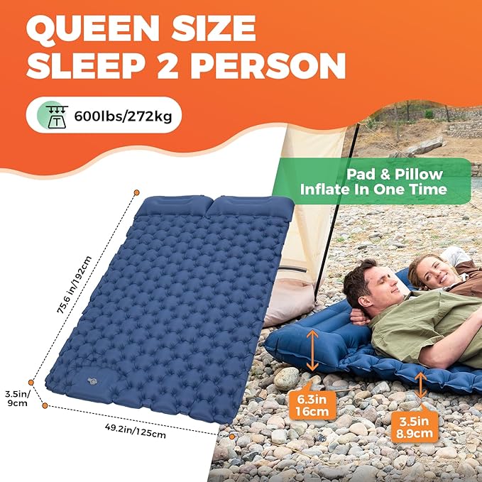 KingCamp Self Inflating Camping Mattress with Built-in Foot Pump, Connectable Durable Inflatable Sleeping Mat with Pillow, Compact Camping Air Mattress for Hiking