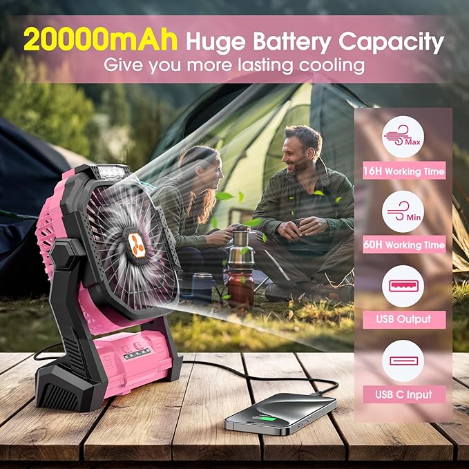 Portable Rechargeable Fan, 20000mAh Cordless Battery Powered Camping Tent Fans with LED Lantern, Small USB C Operated Outdoor Ventiladores for Travel Camp Fishing Office Home Essentials