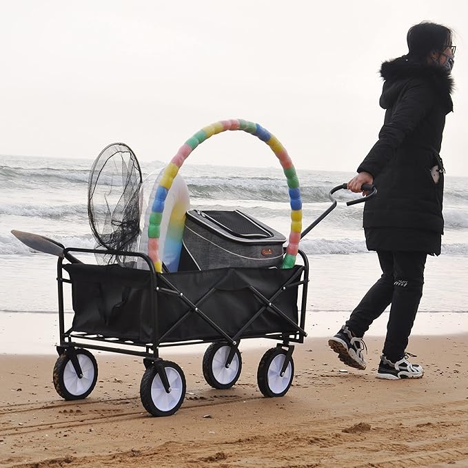Collapsible Folding Wagon Garden Beach Cart,Heavy Duty Utility Buggy with Big Wheels,Adjustable Handle and 2 Cup Holders,for Sand,Camping,Garden,Outdoor,39.37",Black