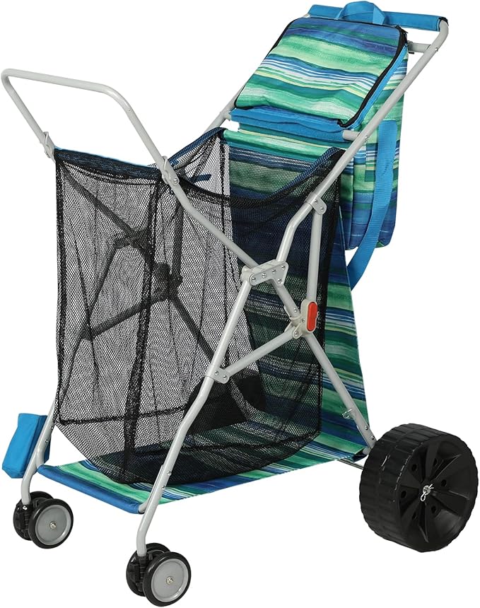 Beach Cart with Big Wheels for Sand, Collapsible All-Terrain Beach Wagon with Cooler Bag & Umbrella Holder, Large Mesh Storage, Supports 100lbs for Camping, Outdoor, Shopping, Dark Blue