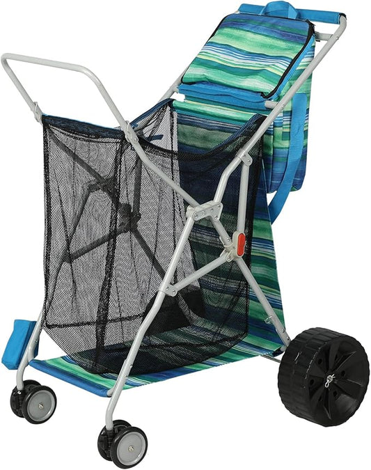 Beach Cart with Big Wheels for Sand, Collapsible All-Terrain Beach Wagon with Cooler Bag & Umbrella Holder, Large Mesh Storage, Supports 100lbs for Camping, Outdoor, Shopping, Dark Blue