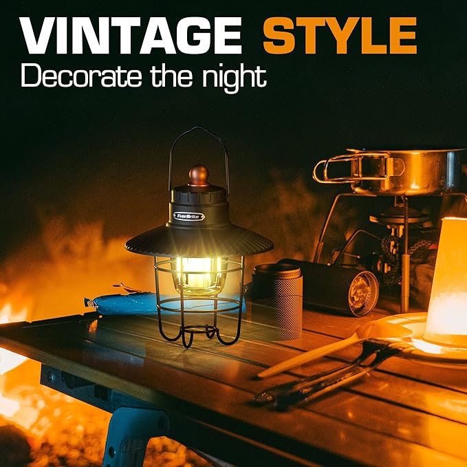 EverBrite LED Camping Lantern Pack of 2, USB C Rechargeable Lantern with 3 Light Modes, Vintage Outdoor Lanterns with Power Bank Function for Power Outages, Hurricane, Emergency, Fishing