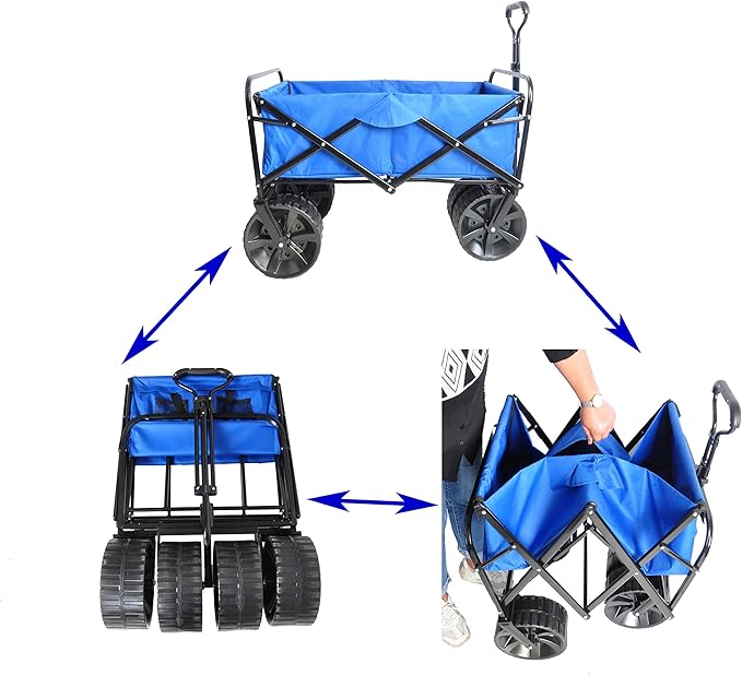 Collapsible Folding Wagon Garden Shopping Beach Cart,Heavy Duty Utility Buggy with Big Wheels,Adjustable Handle and Cup Holder,for Sand,Camping,Outdoor,40.55",Blue