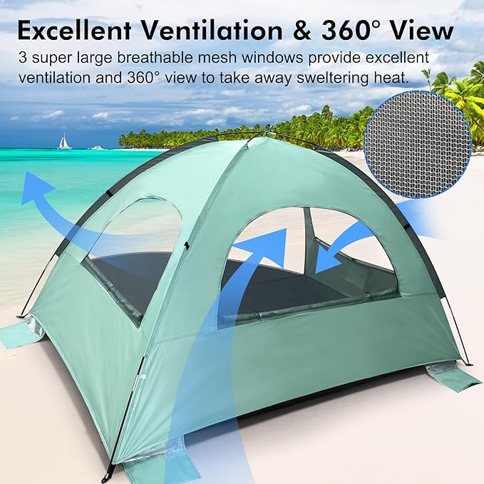 WhiteFang Beach Tent Anti-UV Portable Sun Shade Shelter for 3/4/6/8 Person, Extendable Floor with 3 Ventilating Mesh Windows Plus Carrying Bag, Stakes and Guy Lines