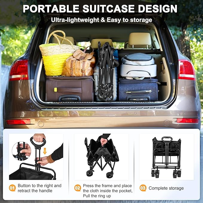 Wagons Carts Foldable, 330LBS Beach Wagon Collapsible with All-Terrain Wheels Portable Utility Folding Cart for Beach/Grocery/Garden/Fishing/Camping/Shopping/Outdoor/Travel, Black