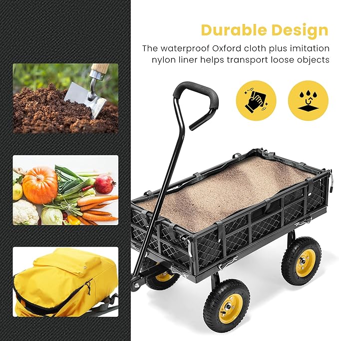 VIVOHOME Heavy Duty 400 Lbs Capacity Mesh Steel Garden Cart Folding Utility Wagon with Removable Sides Black