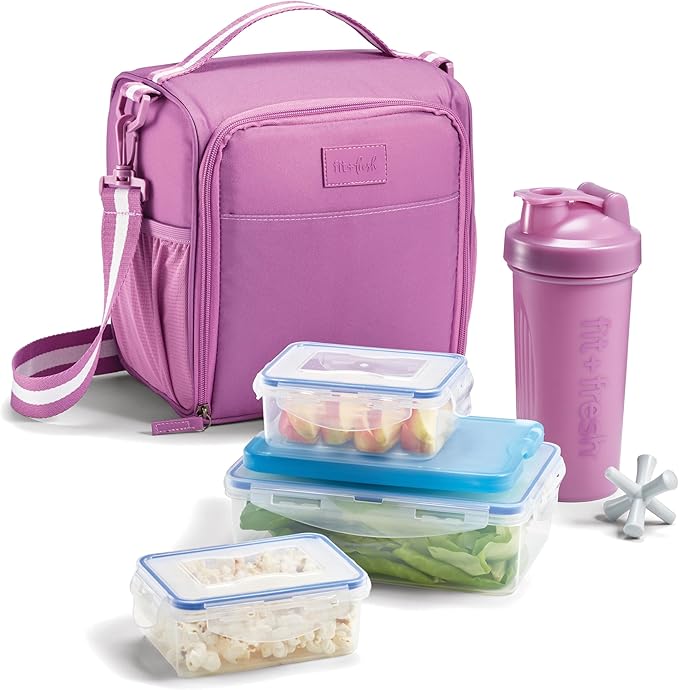 Fit & Fresh BREE FitPak Meal Prep Lunch Box With Containers, Ice Pack, and Shaker Bottle For Men and Women, 6pc. Meal Prep Kit Lunch Bag With Containers Included, Mauve